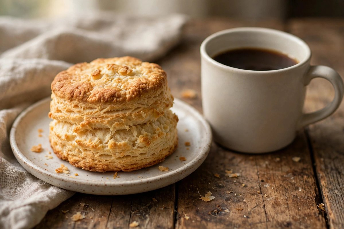 Flaky buttermilk biscuit on a small plate next to a plain mug of coffee on a wooden table