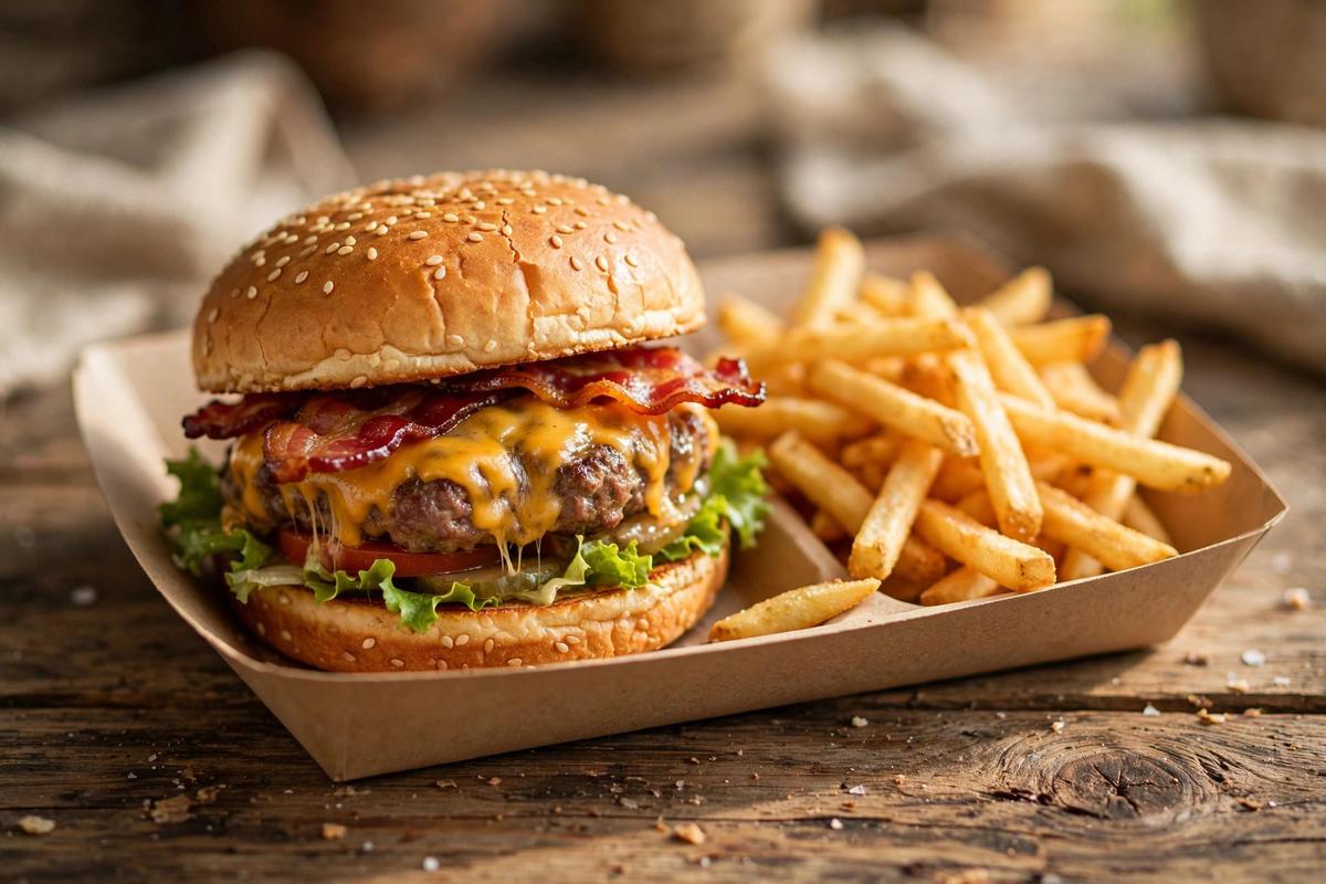 Bacon cheeseburger with a side of golden fries in a plain unbranded paper tray