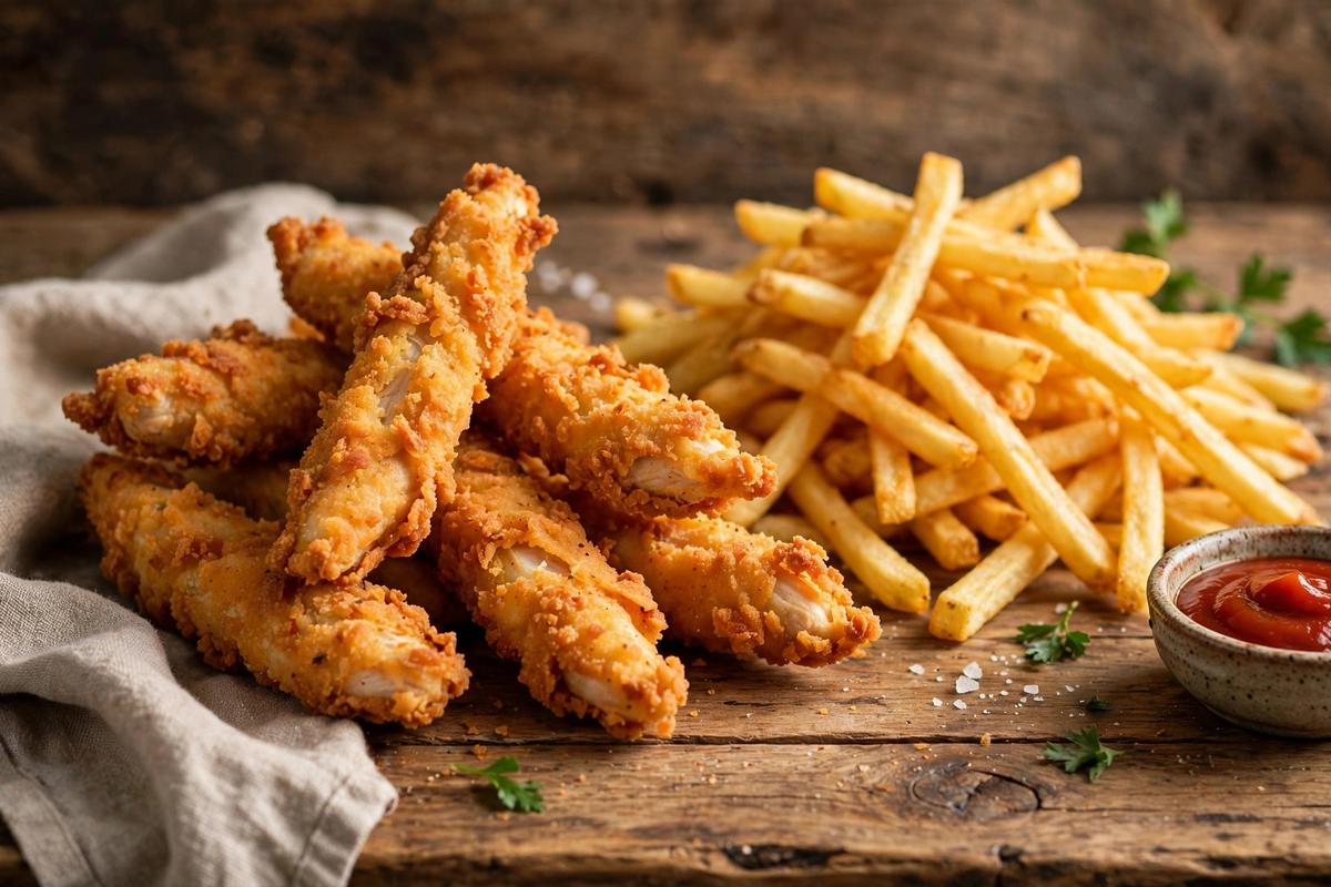 Stick-shaped crispy chicken fries next to a pile of regular golden french fries on a rustic wooden table