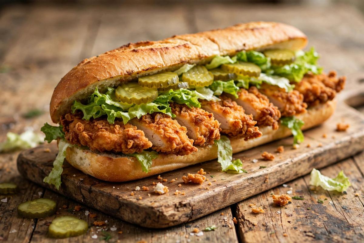 Long crispy chicken sandwich with pickles and fresh lettuce on a wooden board