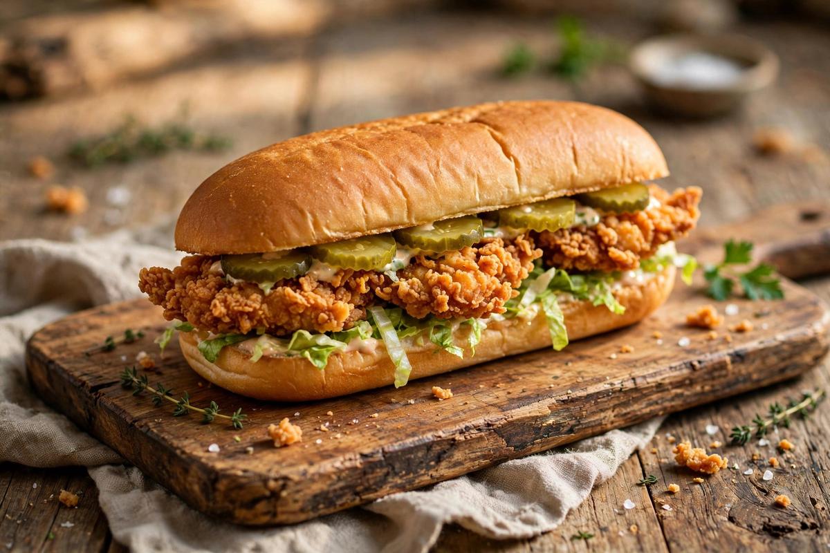Long oval crispy chicken sandwich on a wooden board on a rustic wooden table