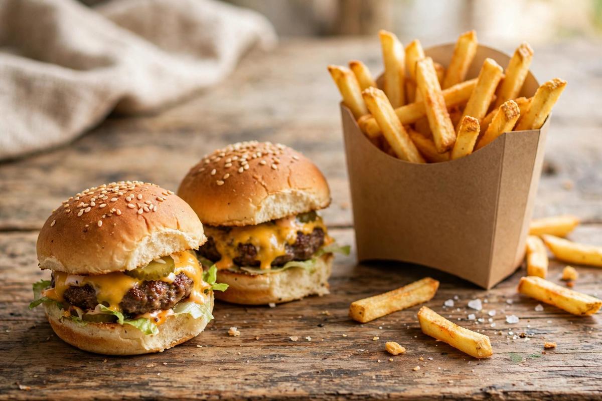 Two small cheeseburgers with a carton of fries on a rustic wooden table