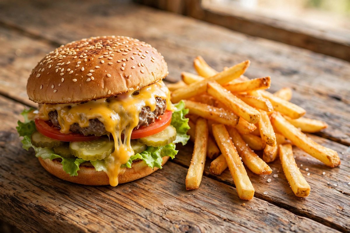 Cheeseburger with lettuce, tomato and pickles beside golden french fries on a wooden table