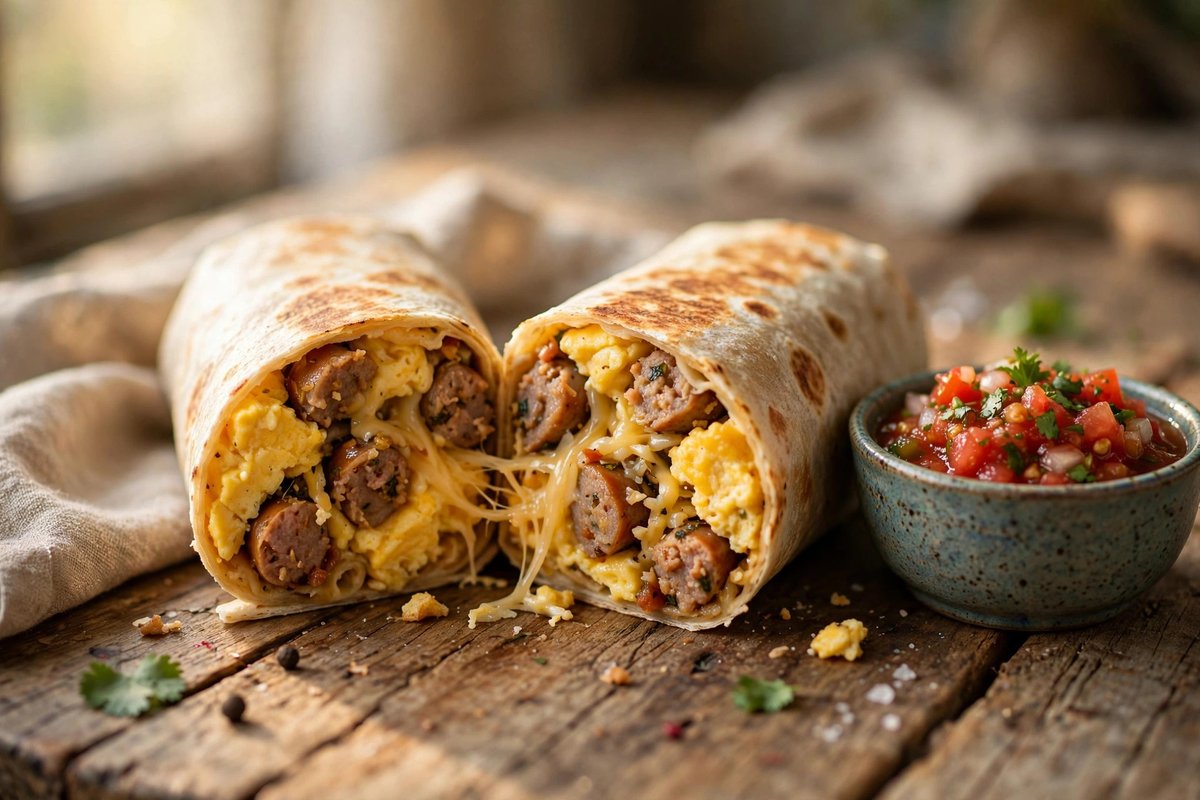Breakfast burrito cut in half showing scrambled eggs, cheese and sausage with salsa on a wooden table
