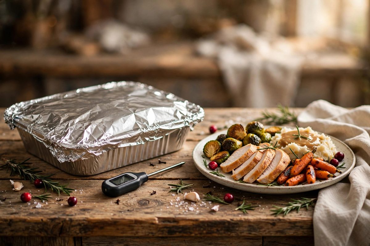 A covered foil baking dish with a kitchen thermometer beside it on a rustic wooden kitchen counter