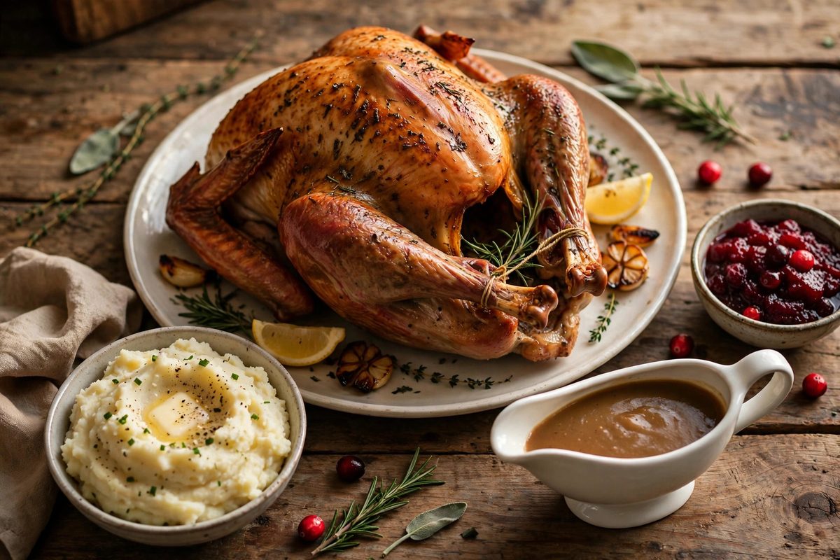 Whole roasted turkey on a platter with mashed potatoes, gravy, and cranberry sauce on a rustic wooden table