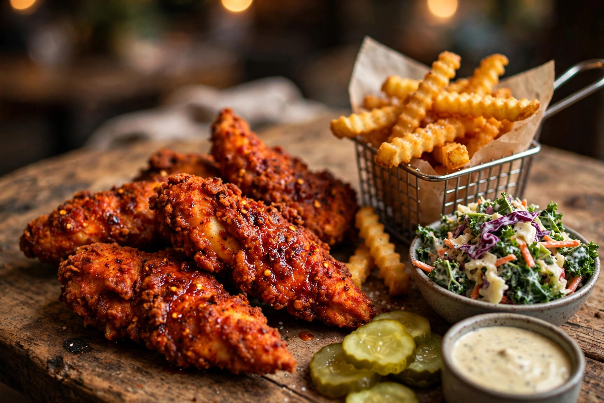 Dave's Hot Chicken tenders with fries, slaw and dipping sauce
