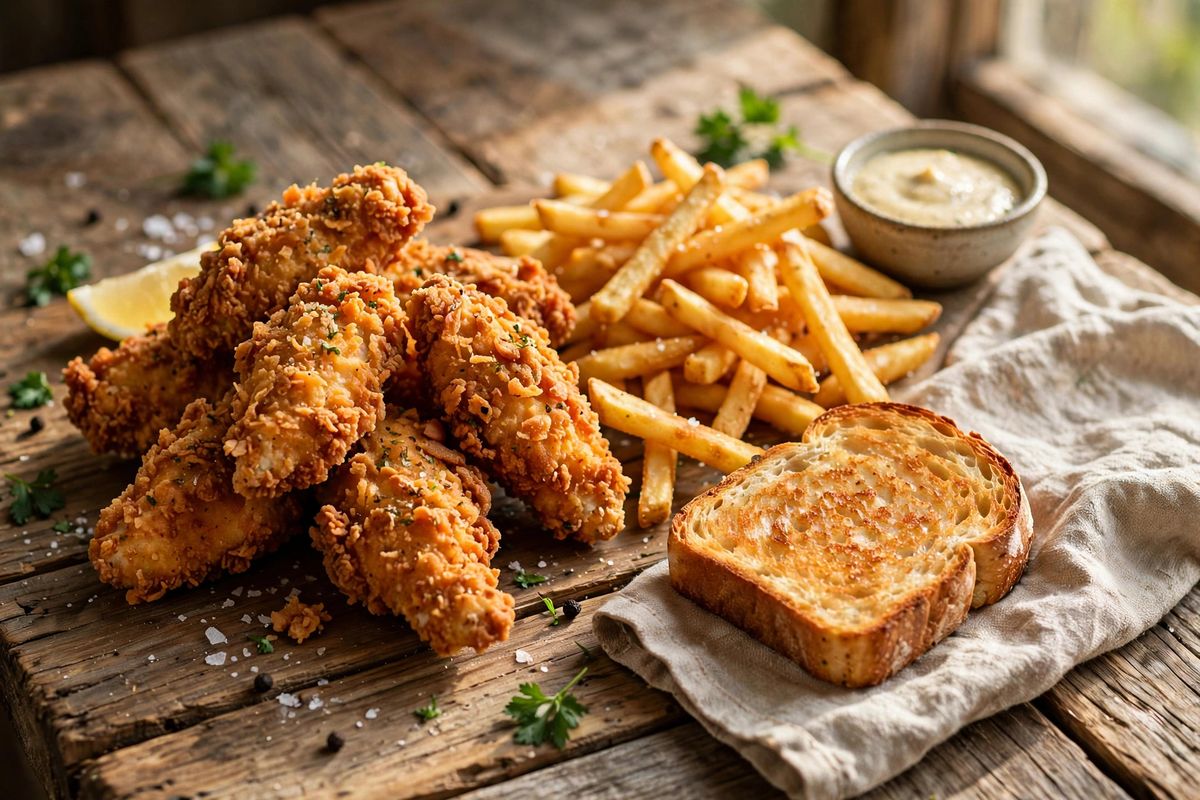 Crispy fried chicken fingers with golden fries and toast on a wooden table