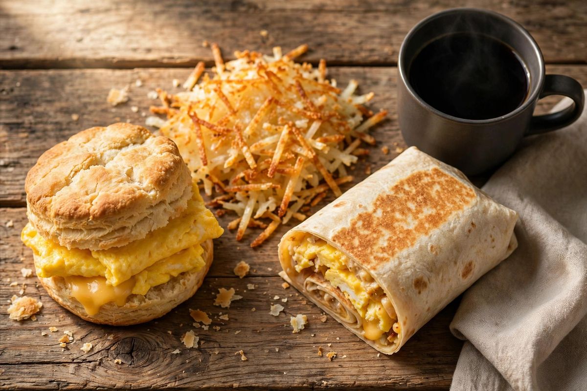 Fast food breakfast spread with a biscuit sandwich, hash browns, a breakfast burrito and black coffee on a wooden table