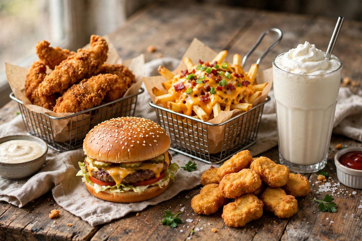 Big fast food feast with chicken tenders, a burger, loaded fries, a milkshake and nuggets on a wooden table