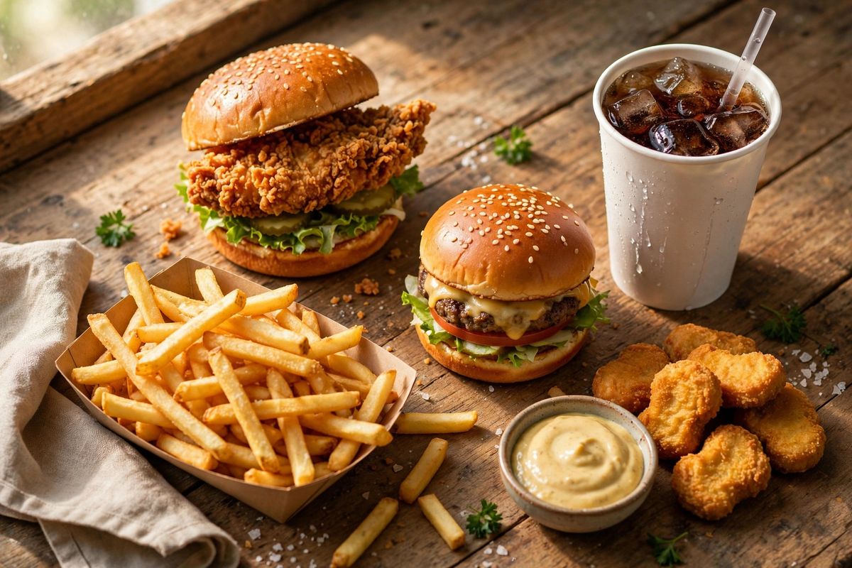 Fast food value spread with a chicken sandwich, fries, burger, nuggets and a soft drink on a wooden table