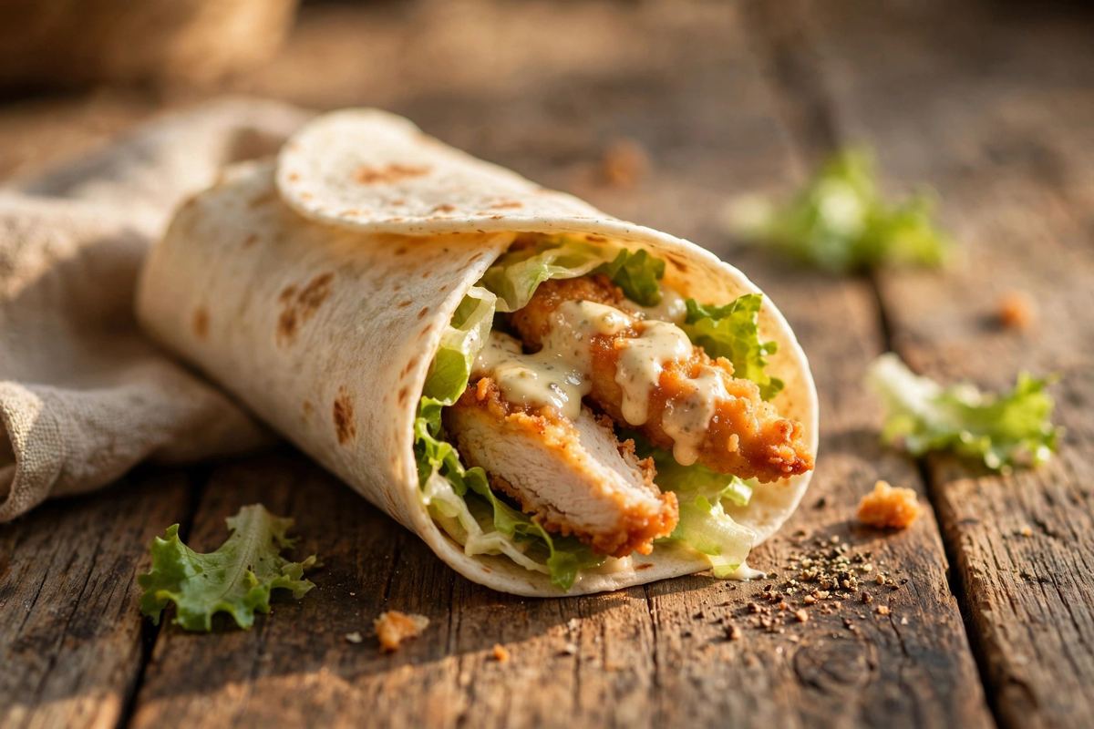 Small chicken tender wrap with lettuce and sauce in a flour tortilla