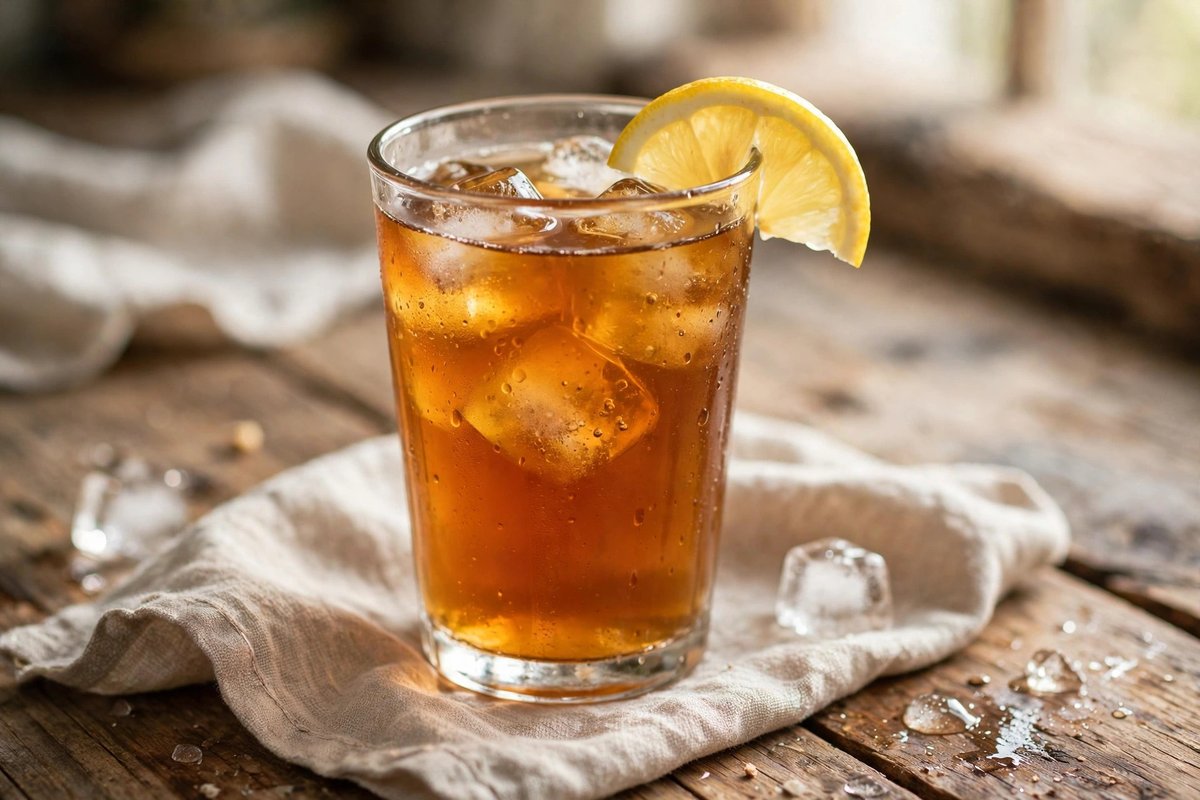 Glass of iced tea with a lemon wedge on a rustic wooden table