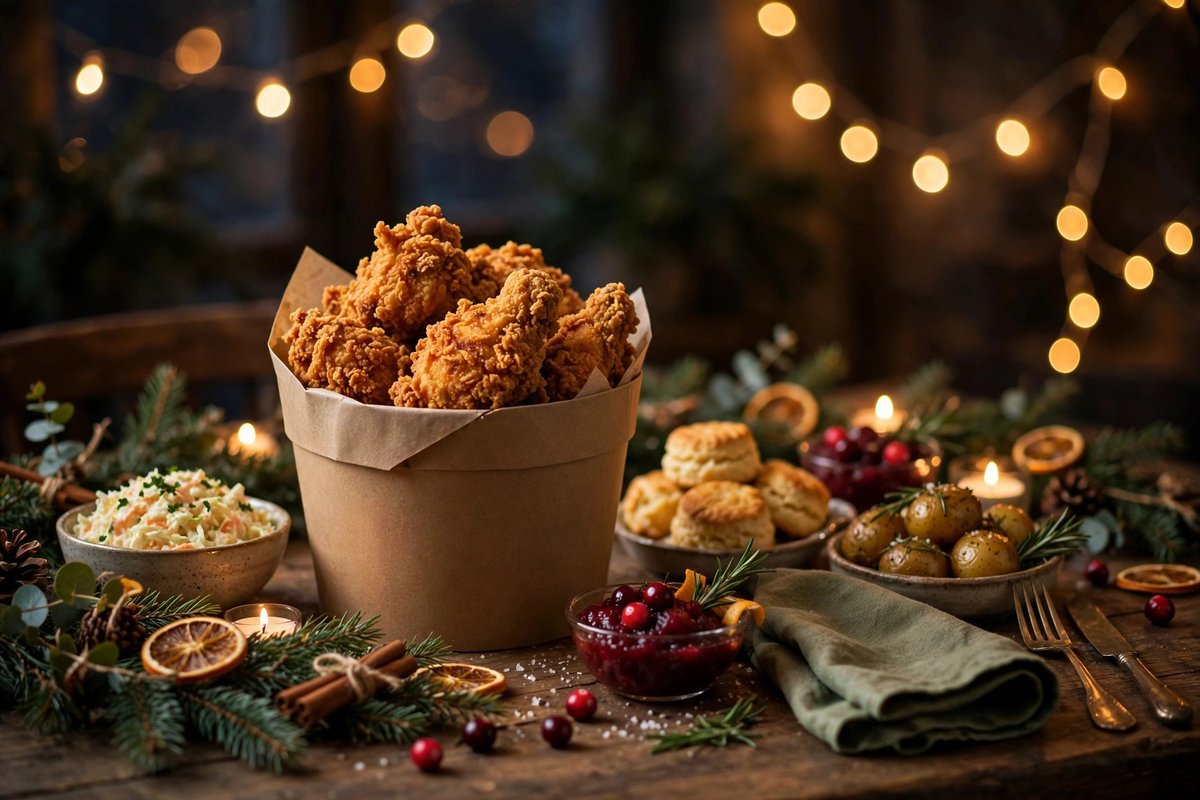 Festive table with a bucket of fried chicken and warm string lights