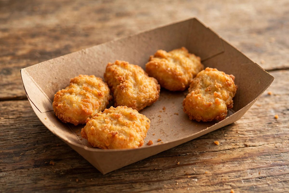 Five small crispy chicken nuggets in a plain unbranded paper tray on a rustic wooden table