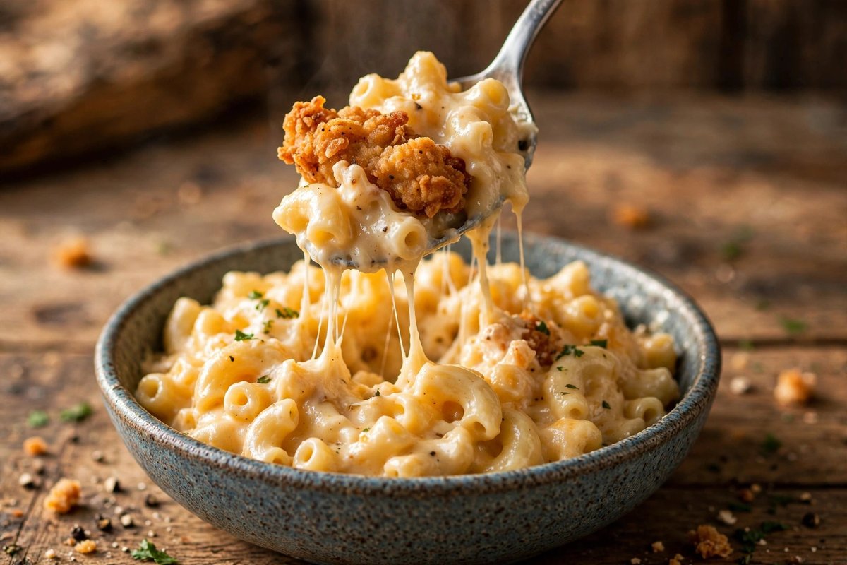 Close-up of creamy macaroni and cheese with a crispy chicken bite