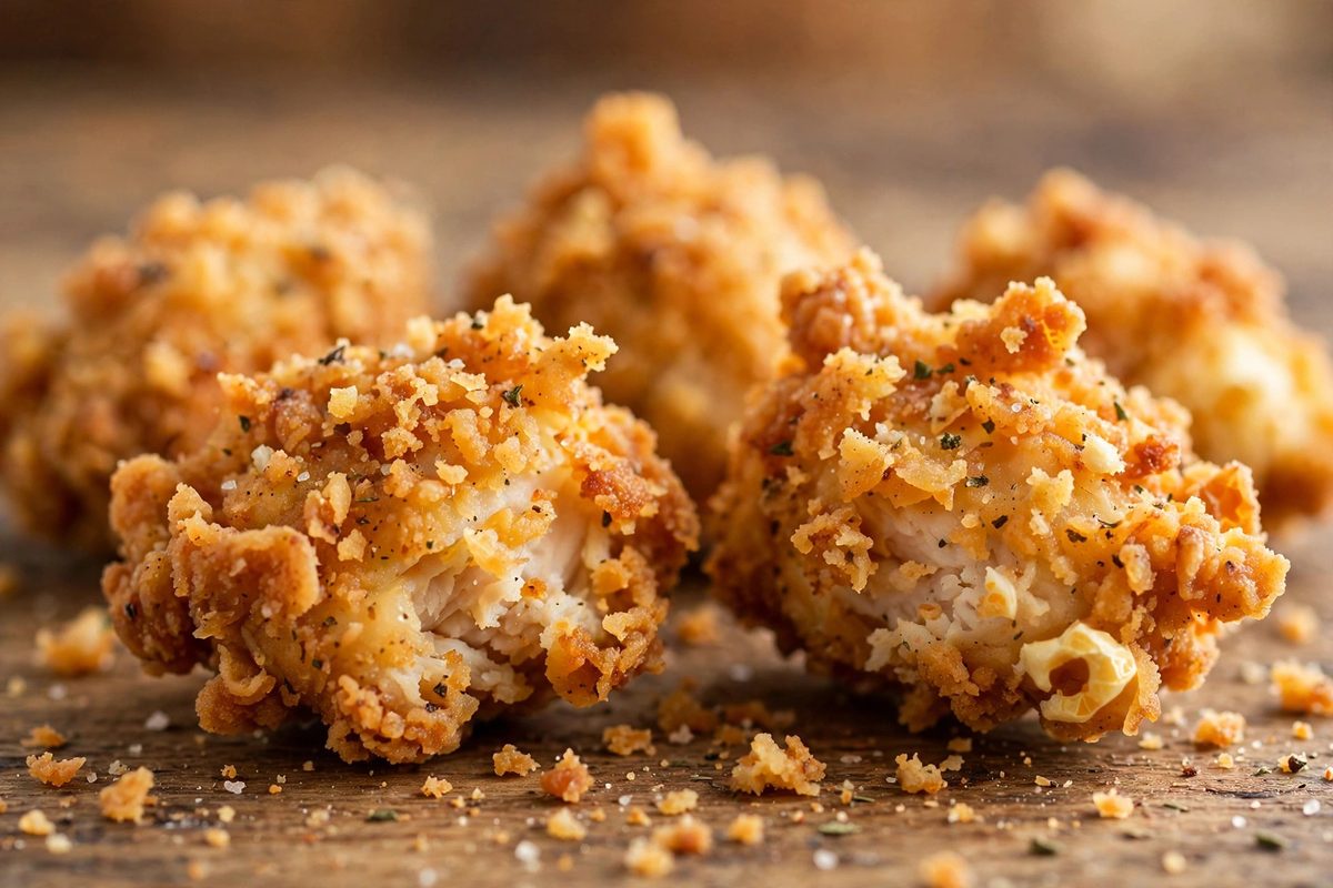Close-up of golden crunchy fried popcorn chicken texture