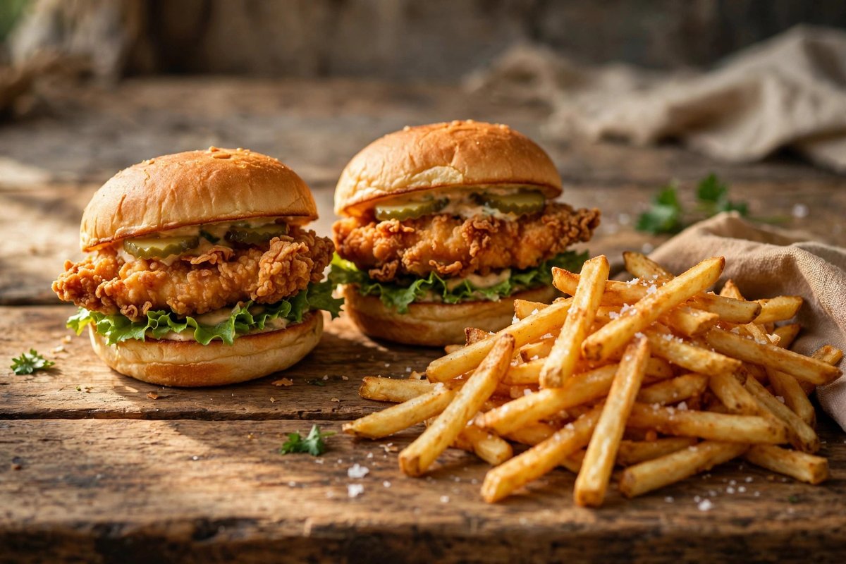 Two small crispy chicken sandwiches with fries on a wooden table