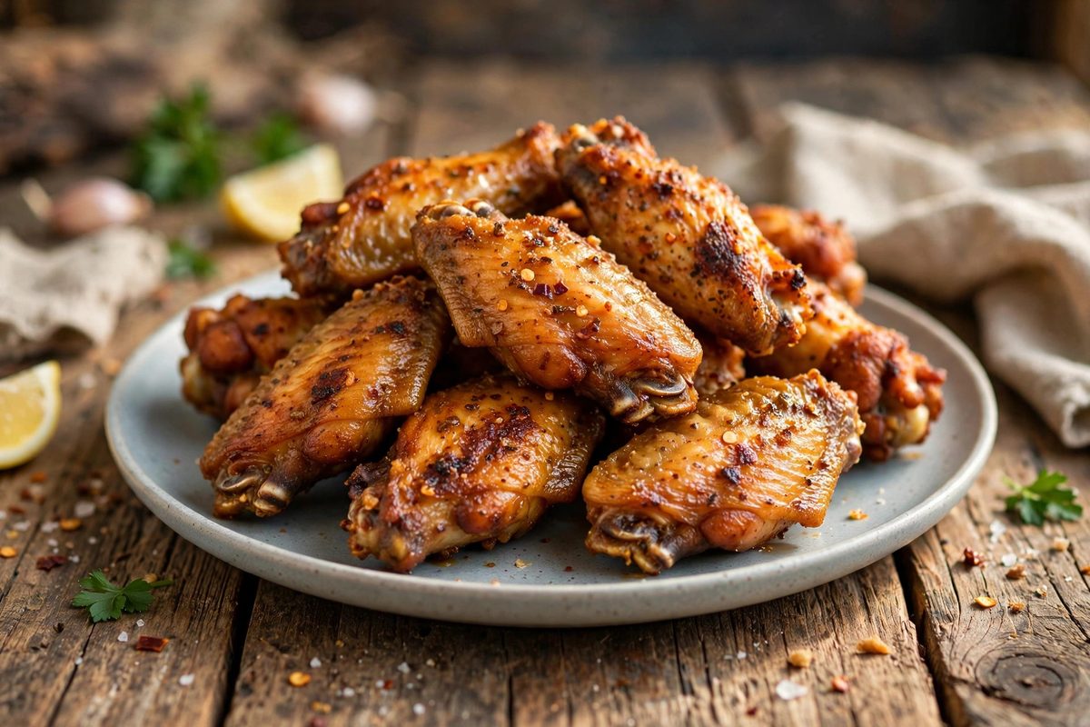 Pile of crispy golden hot wings on a plate on a rustic wooden table