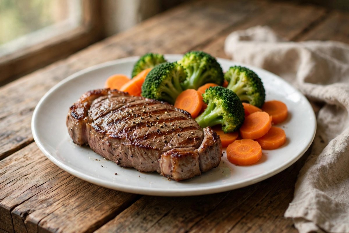 Plain grilled steak with steamed broccoli and carrots on a plate