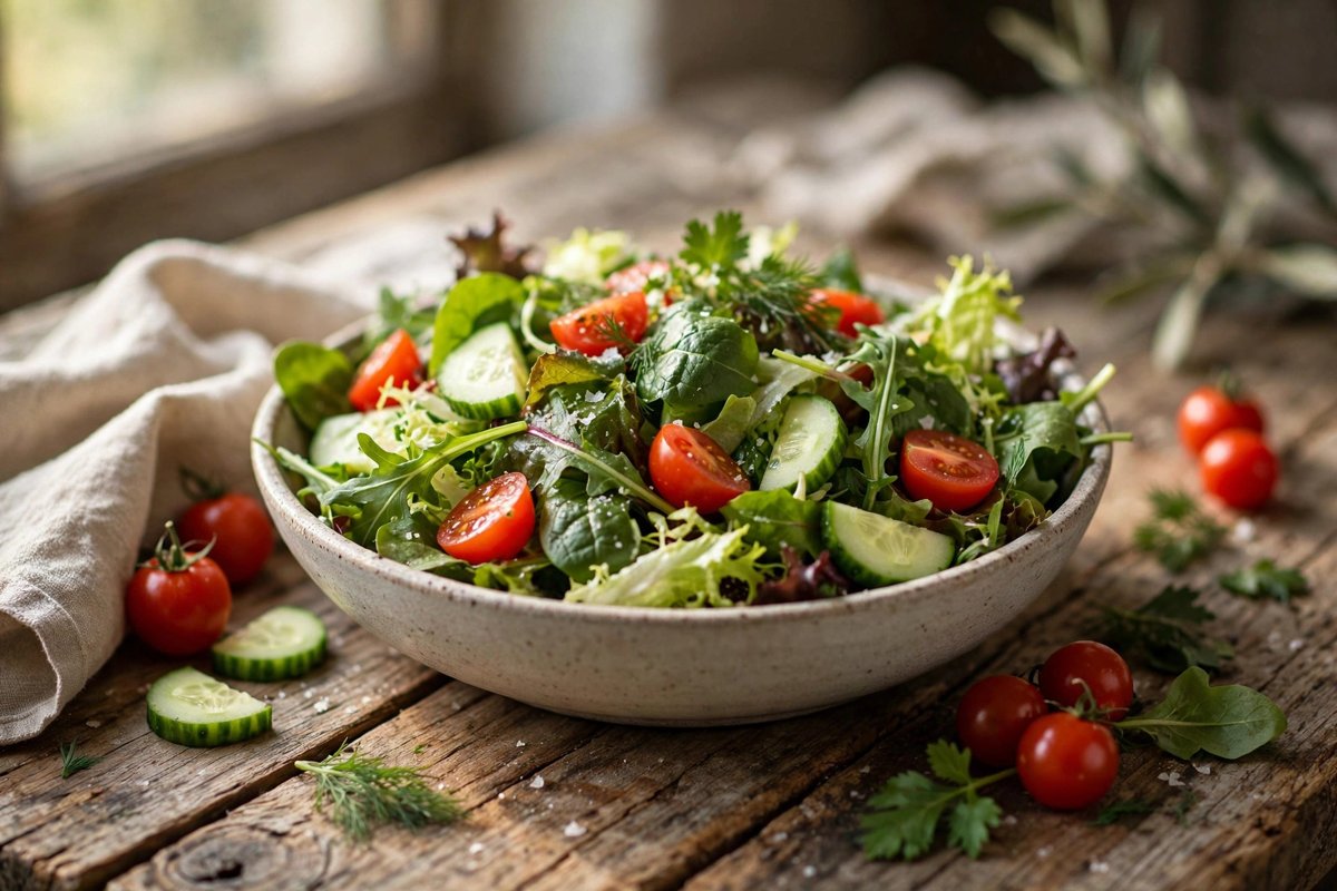 Fresh garden salad with mixed greens, cherry tomatoes and cucumber in a bowl