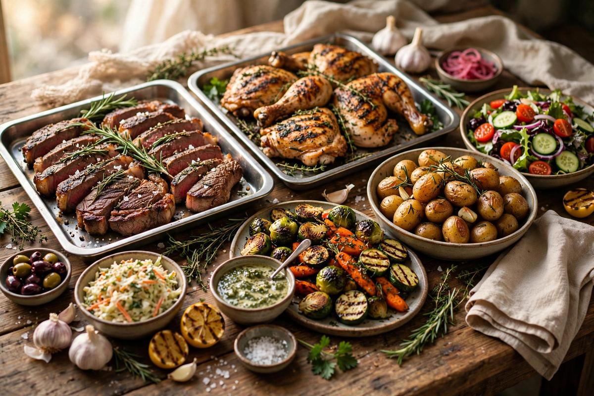 LongHorn Steakhouse catering spread with steaks, appetizers, and sides on a table