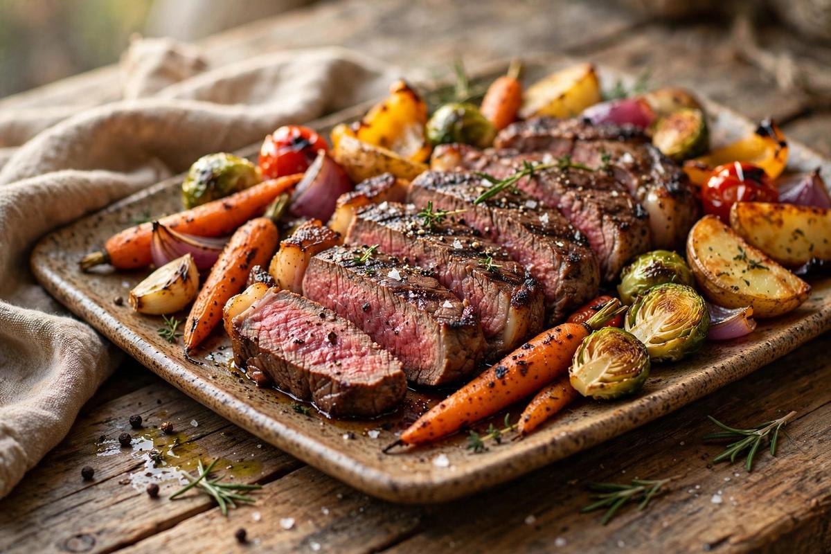 Catering platter of sliced steak and sides ready for serving
