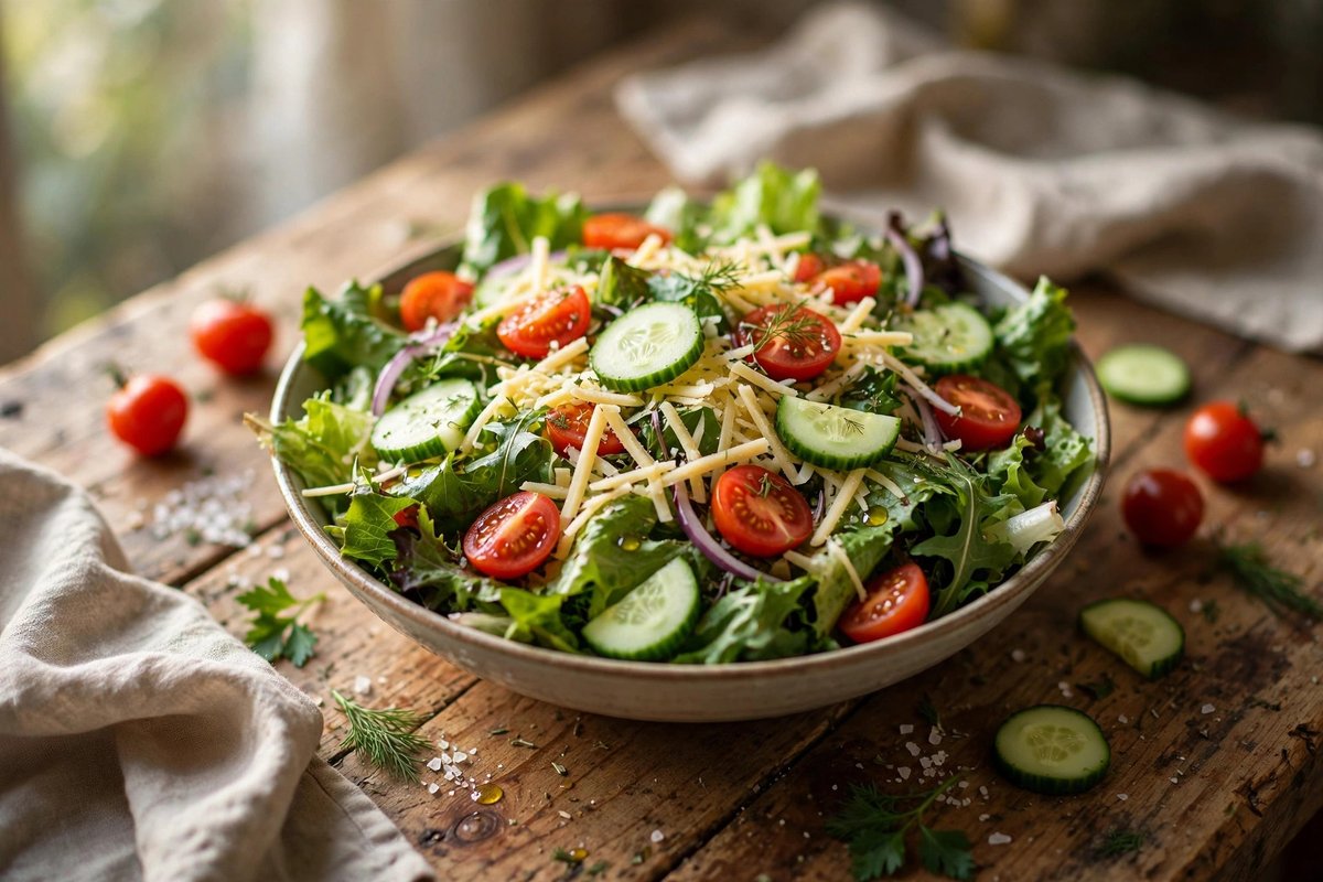 Catered steakhouse salad with grilled chicken and fresh vegetables