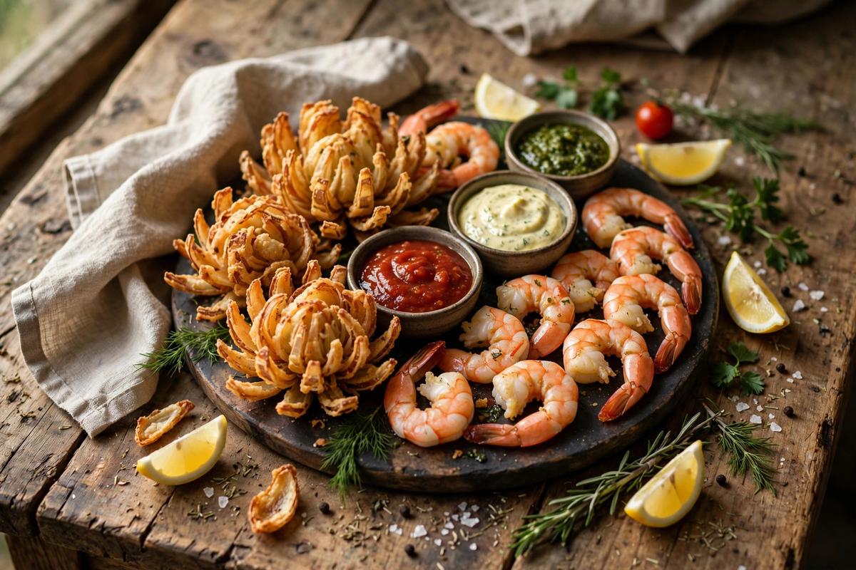 Shareable steakhouse appetizers on a catering table