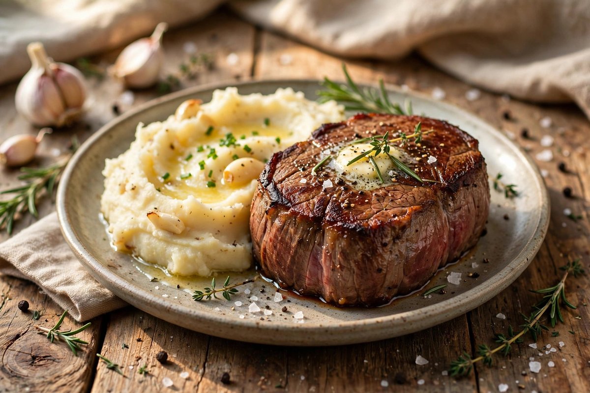 Center-cut filet mignon steak with garlic mashed potatoes on a plate