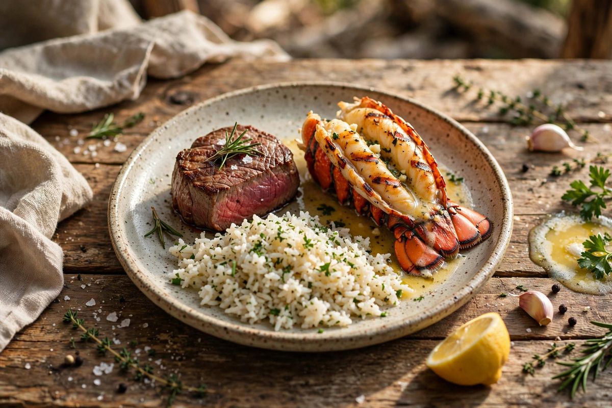Surf and turf plate with filet mignon and a grilled lobster tail