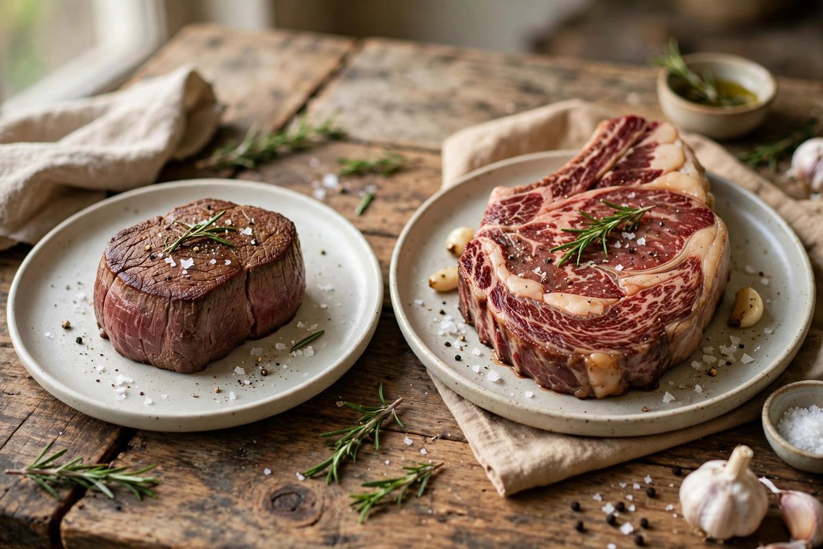 A lean filet mignon and a marbled ribeye on separate plates side by side