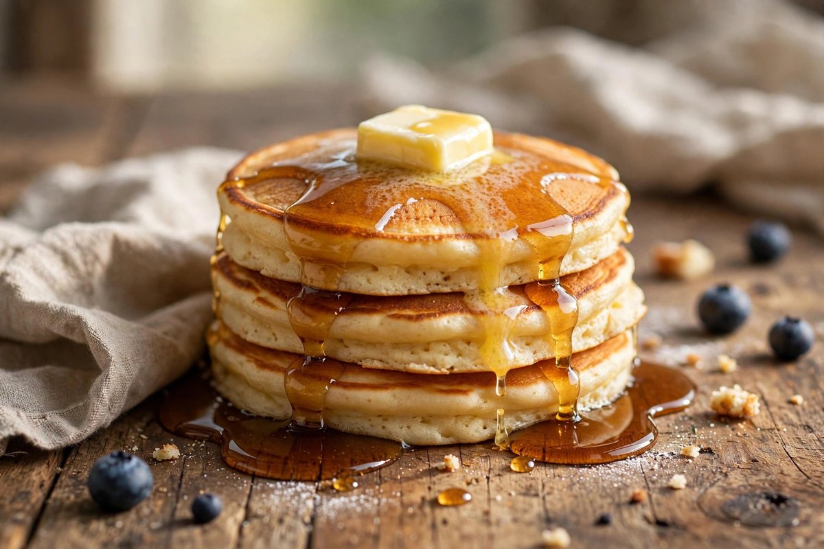 Stack of fluffy pancakes with melting butter and syrup on a wooden table