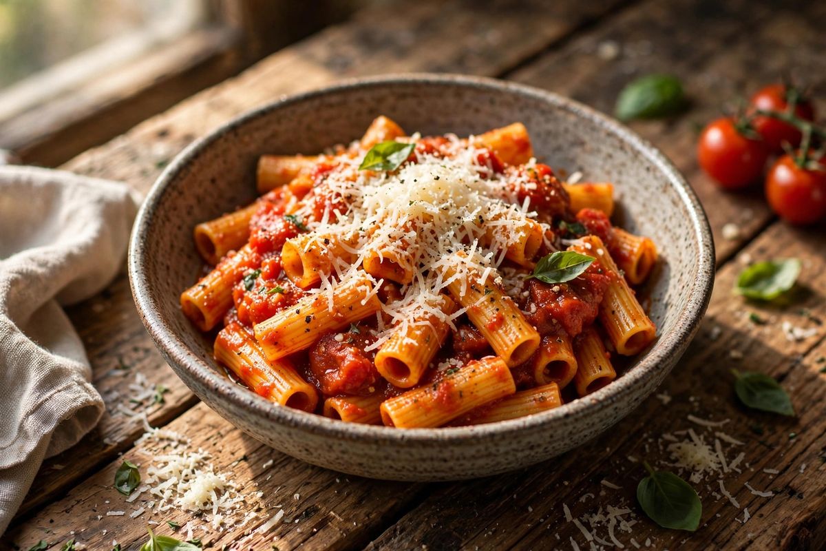 Bowl of pasta with rich tomato sauce and grated cheese on a wooden table
