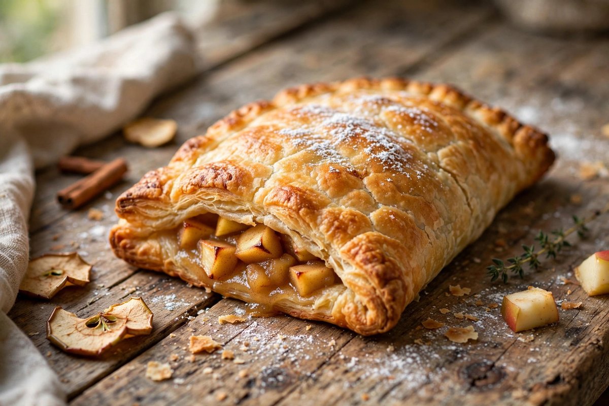 Golden baked apple pie turnover on a wooden table