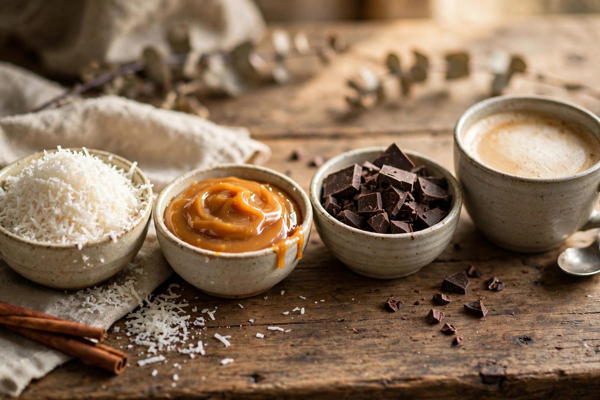 Small bowls of shredded coconut, caramel sauce and chocolate pieces beside a cup of coffee