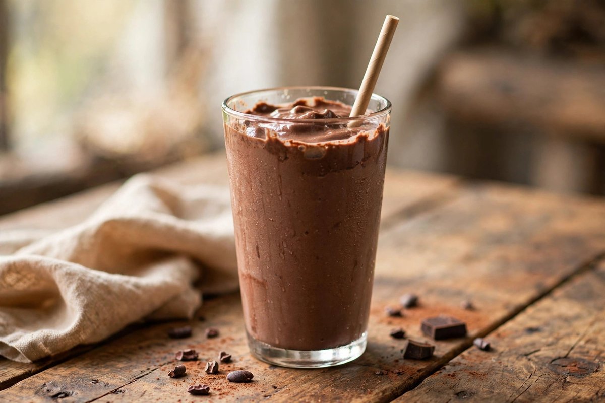Thick chocolate milkshake in a plain tall glass with a straw on a wooden table