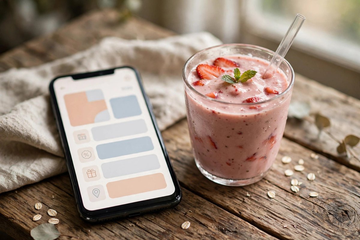 Phone with smoothie deals and a smoothie cup on a wooden table