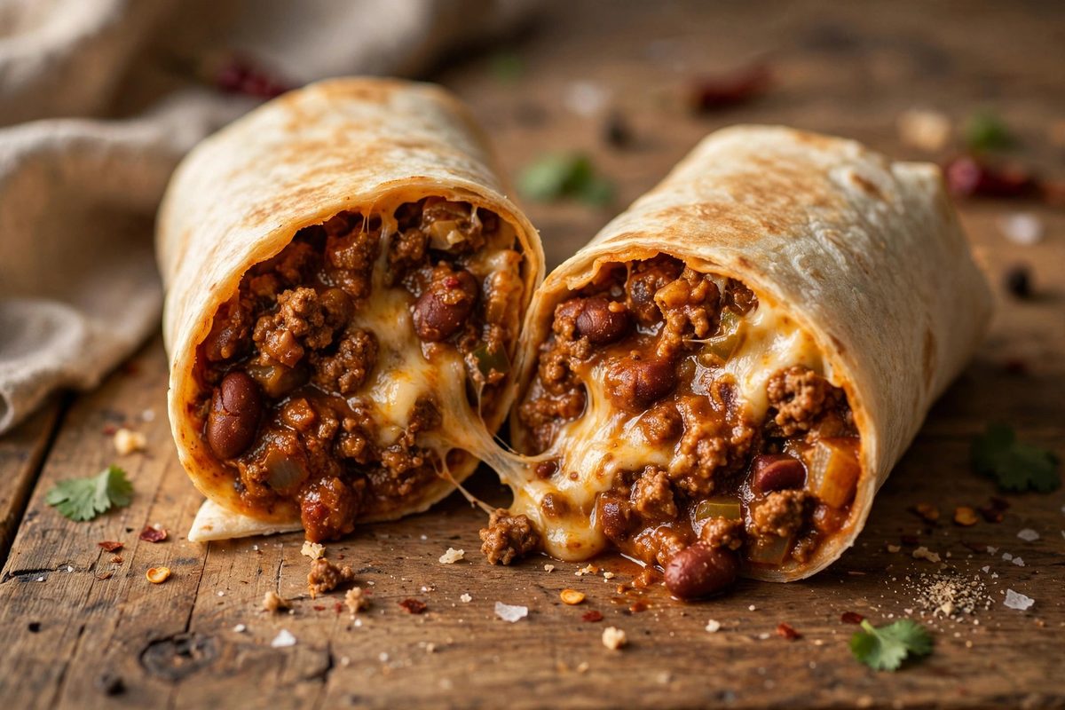 Chili burrito cut open showing the chili and cheese filling inside the tortilla