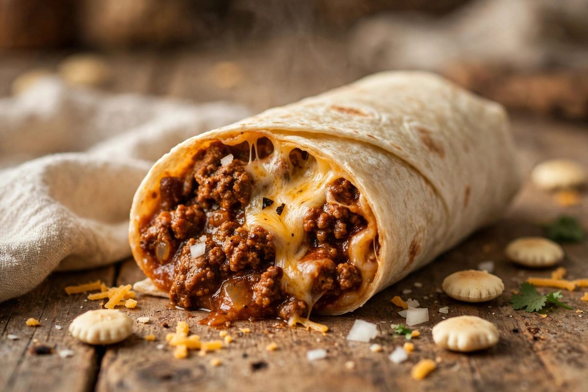 Chili burrito wrapped in a soft flour tortilla with chili and cheese on a rustic wooden table