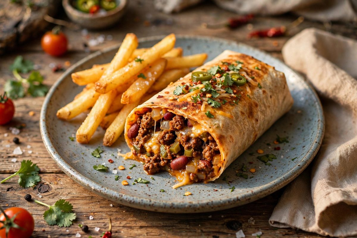 Chili burrito on a plate with a side of fries on a wooden table