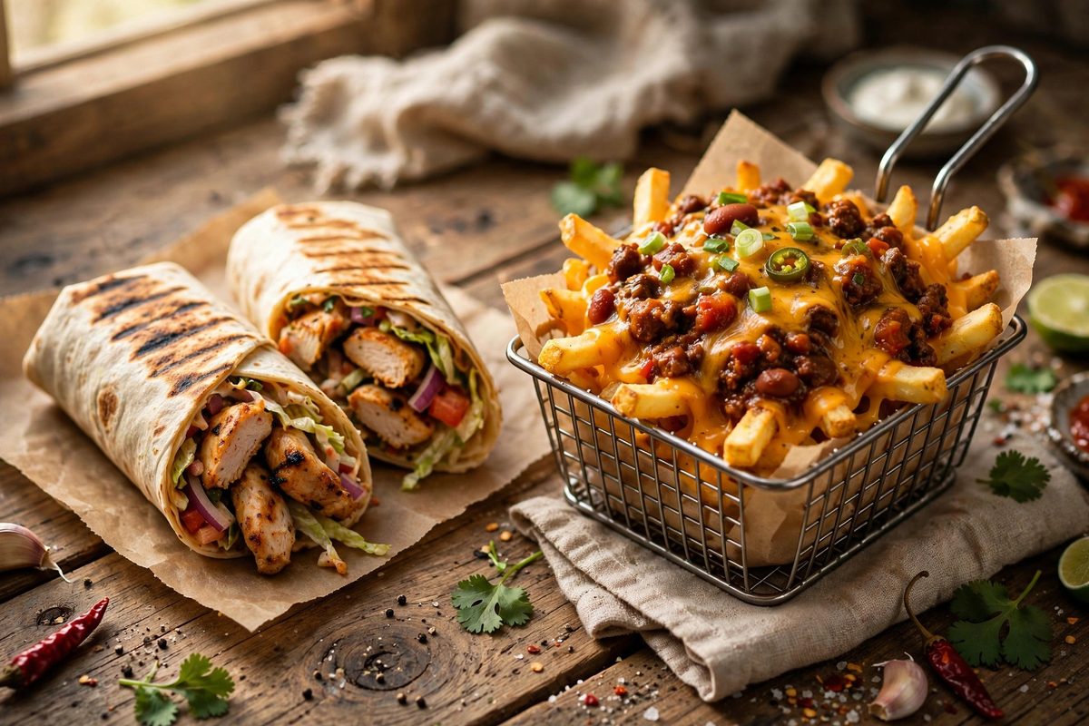 Grilled chicken wrap served with chili cheese fries on a rustic wooden table