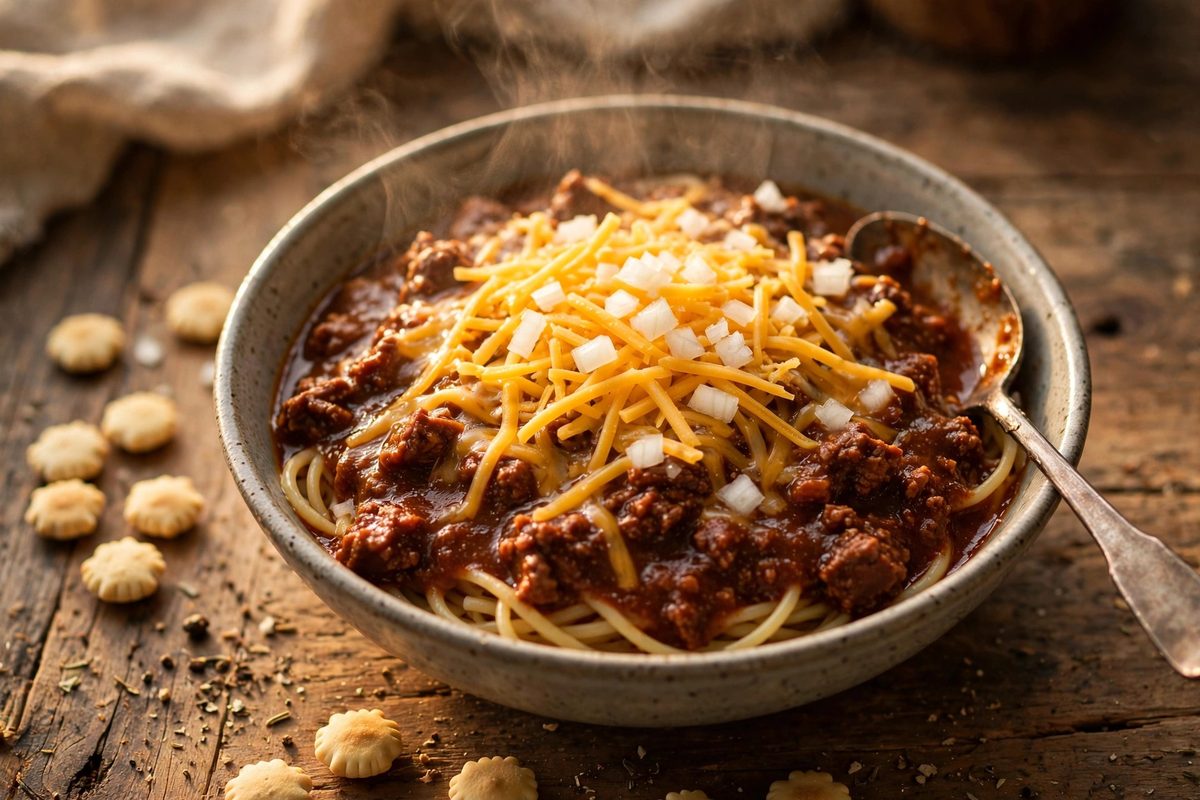 Steaming bowl of Cincinnati chili on a wooden table in warm light