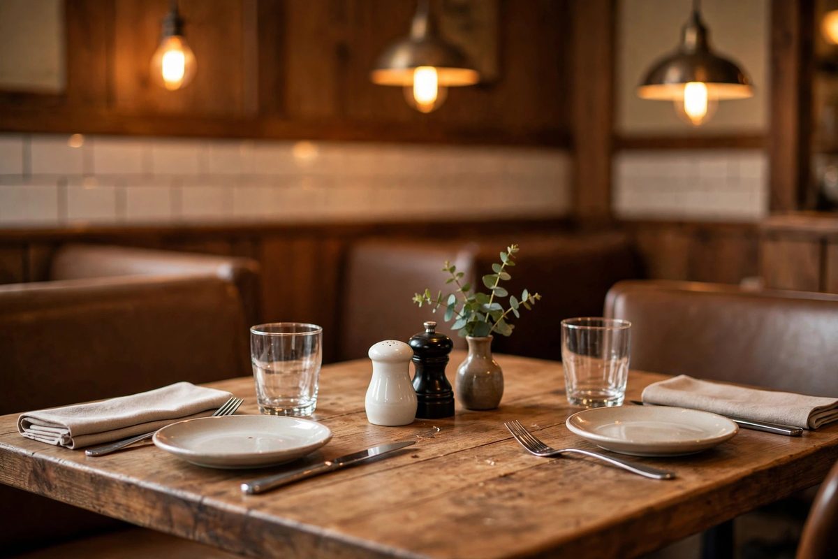 Cozy diner-style restaurant table with warm lighting and no people