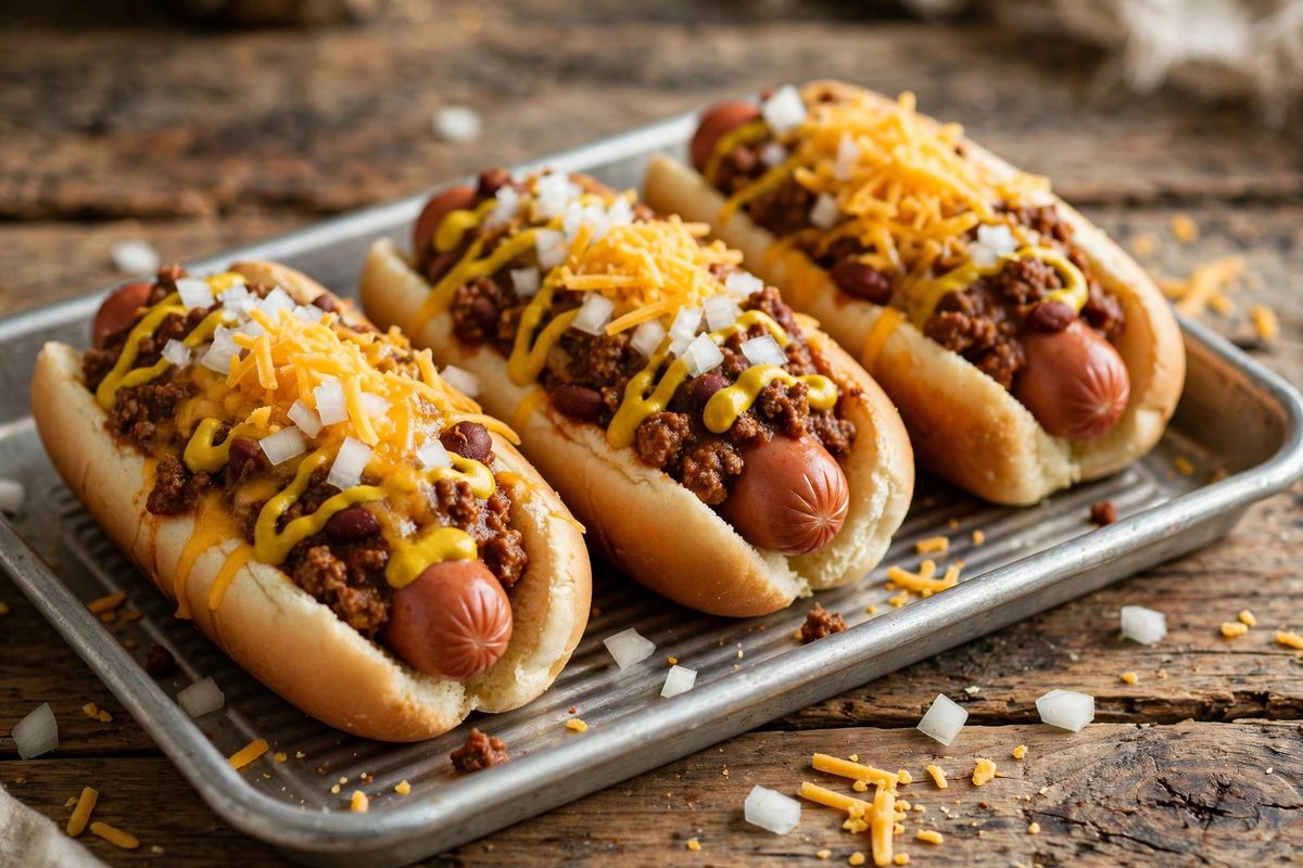 Cheese coney hot dogs topped with chili, mustard, onions and shredded cheese served on a tray