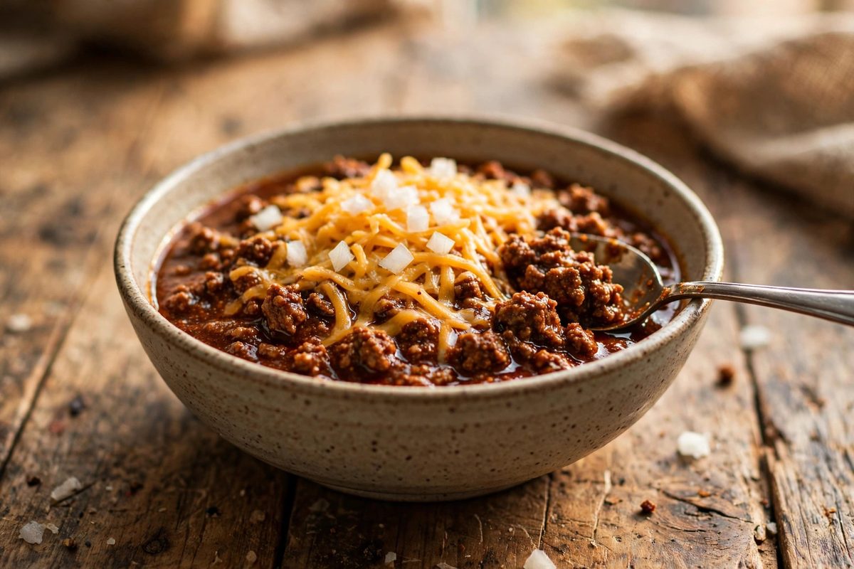 Bowl of Cincinnati-style chili served on a rustic wooden table