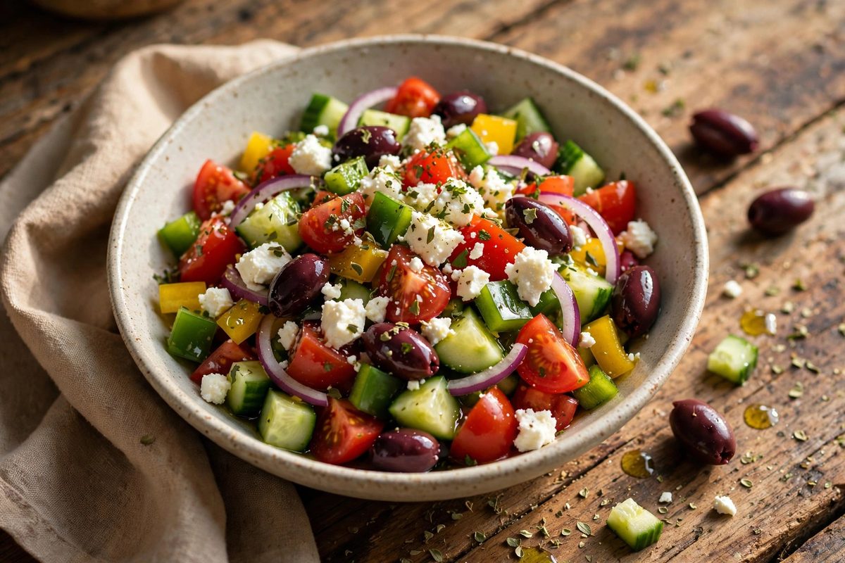 Fresh Greek-style salad bowl with vegetables and feta on a wooden table