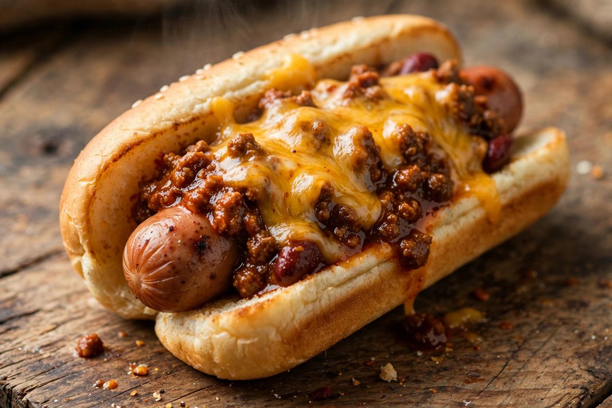 Close-up of an affordable cheese coney with chili and melted cheese