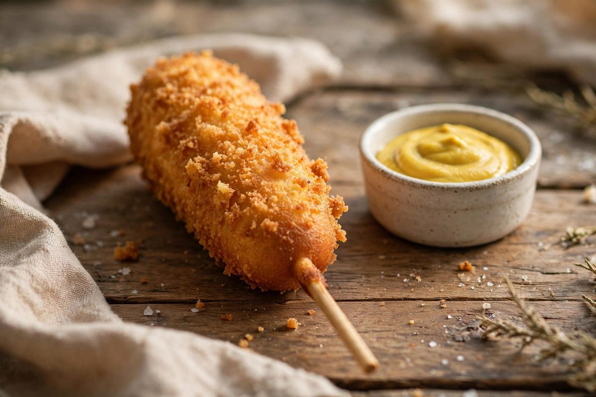 Golden corn dog on a stick with mustard on a wooden table