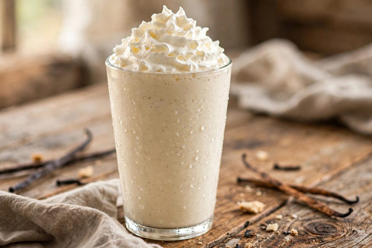 Thick vanilla milkshake with whipped cream in a tall cup on a wooden table